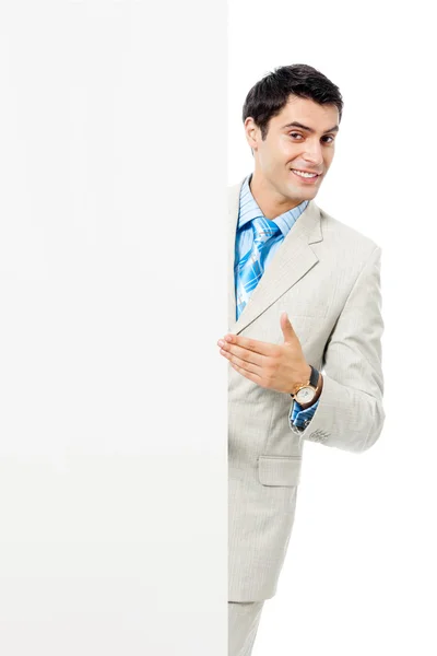 Empresário mostrando tabuleta, isolado — Fotografia de Stock