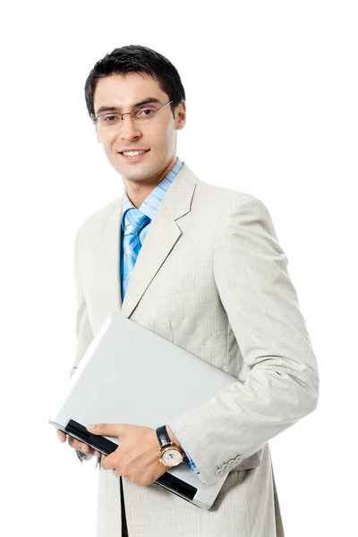 Бізнесмен, що працює з ноутбуком, над білим — стокове фото