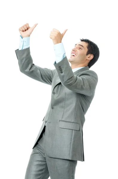 Empresário feliz mostrando polegares acima gesto, isolado — Fotografia de Stock