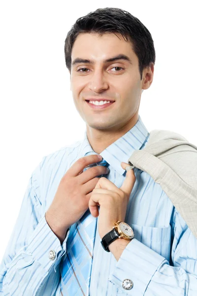 Portret szczęśliwy uśmiechający się młody biznesmen, na białym tle — Zdjęcie stockowe