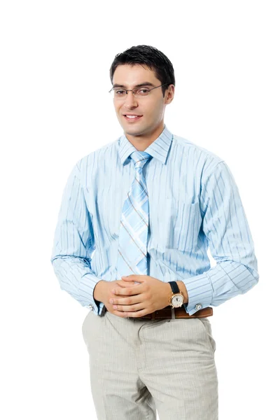 Portret van gelukkig lachend jonge business man, geïsoleerd — Stockfoto
