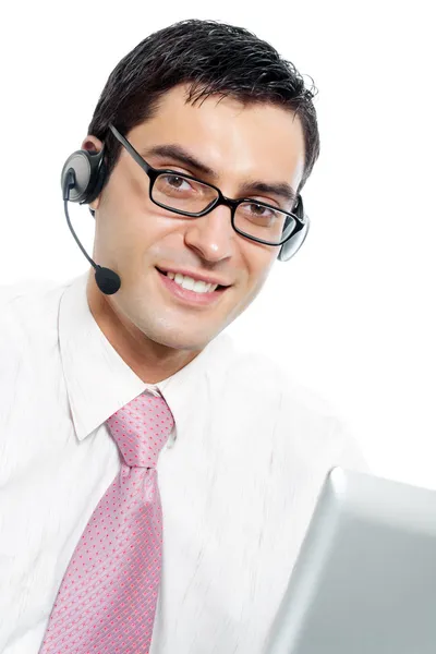 Klant ondersteuning telefoon operator in hoofdtelefoon, geïsoleerd — Stockfoto