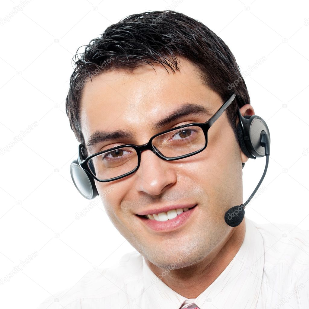 Customer support phone operator in headset, isolated