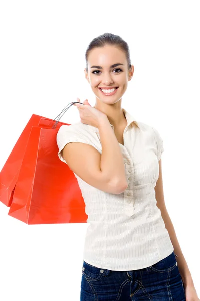 Jovem mulher feliz com sacos de compras, isolado — Fotografia de Stock