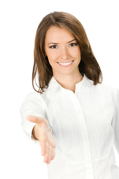 Femme d'affaires donnant main pour poignée de main, sur blanc — Photo