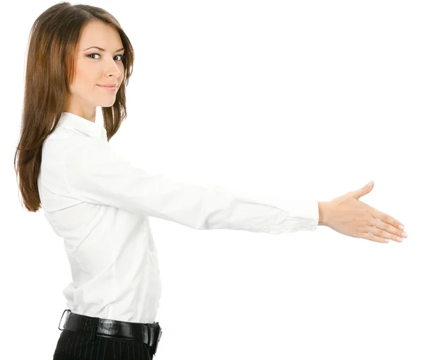 Femme d'affaires donnant main pour poignée de main, sur blanc — Photo