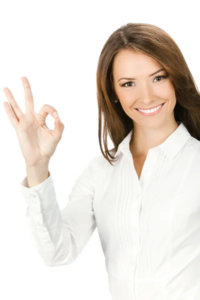 Kobieta z porządku gest, biały — Zdjęcie stockowe