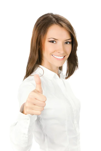 Affärskvinna med tummen upp, på vitt — Stockfoto