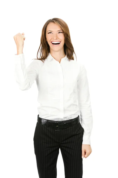 Щасливий жест бізнес-леді, на білому — стокове фото