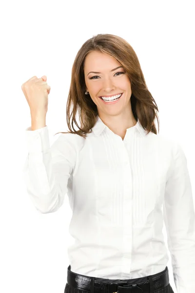 Glücklich gestikulierende Geschäftsfrau, auf weiß — Stockfoto