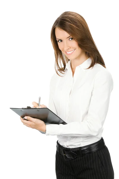 Businesswoman with clipboard writing, isolated — Zdjęcie stockowe