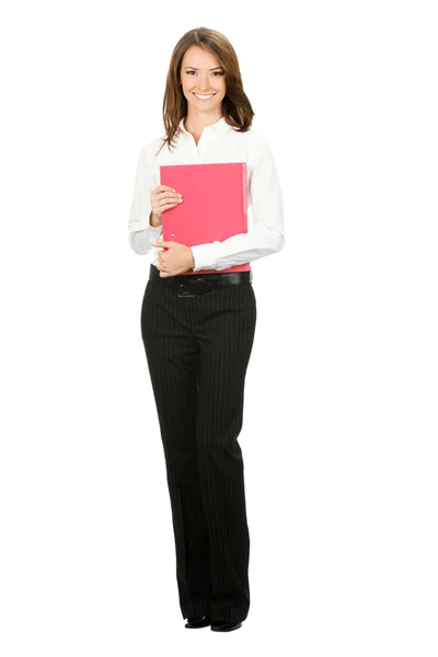 Femme d'affaires avec dossier rouge, isolée — Photo