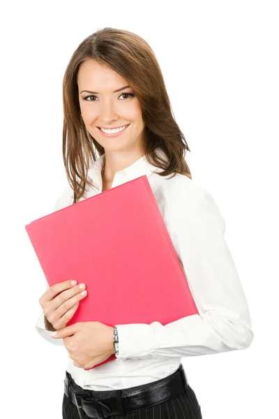 Kobieta z folderu czerwony na białym tle — Zdjęcie stockowe