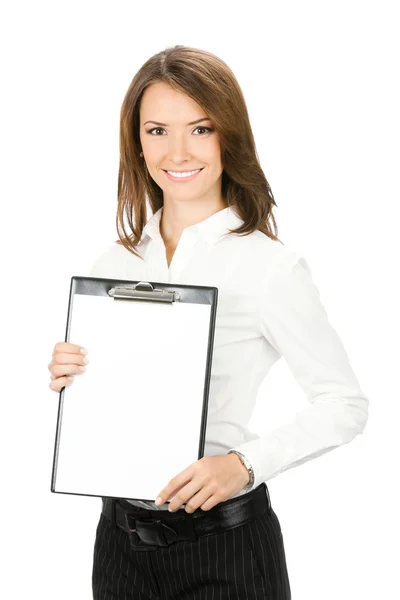 女商人显示空白剪贴板，在白色 图库图片