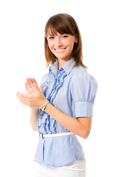 Happy clapping businesswoman, isolated — Stock Photo, Image
