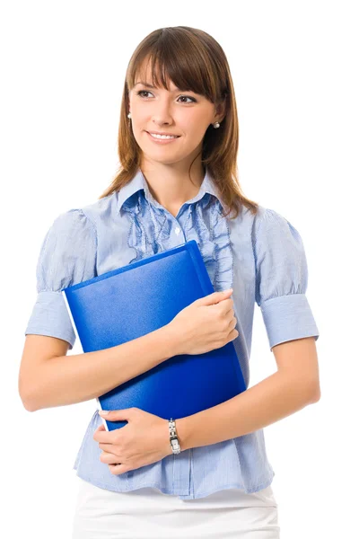 Бизнесвумен с синей папкой, изолированная — стоковое фото