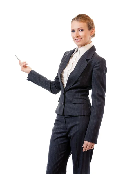 Businesswoman showing something, isolated — Stock Photo, Image