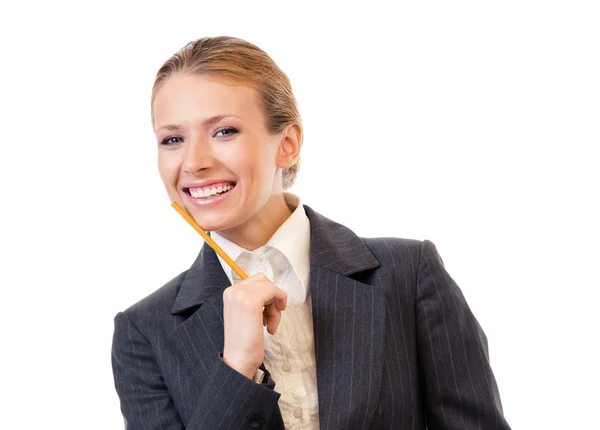 Denkende Geschäftsfrau mit Stift, isoliert — Stockfoto