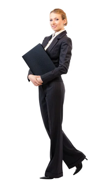 Cuerpo completo de mujer de negocios con carpeta, en blanco — Foto de Stock