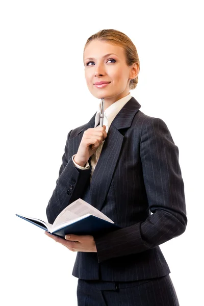 Businesswoman with organizer, on white — Stock Photo, Image