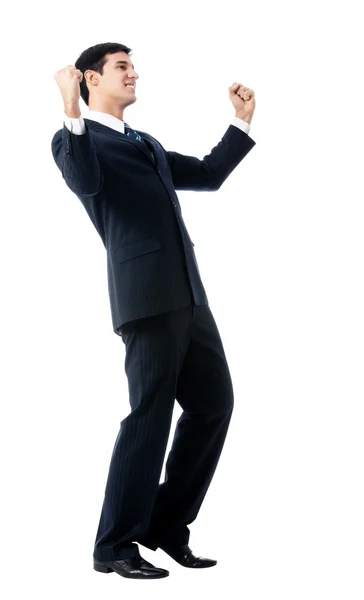 Very happy successful gesturing businessman, on white — Stock Photo, Image