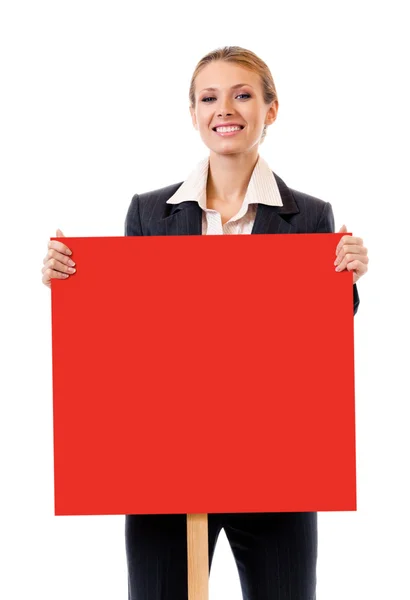 Businesswoman showing blank signboard, over white Stock Image