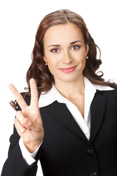 Бизнесмен показывает два пальца, на белом — стоковое фото