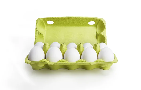 Karton kutuda 10 beyaz yumurta — Stok fotoğraf