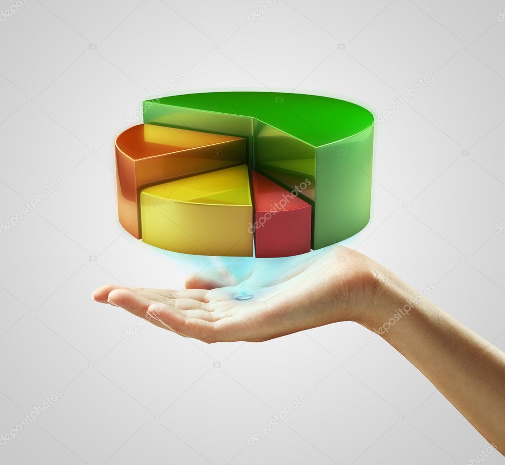 Hand presenting a pie chart button.