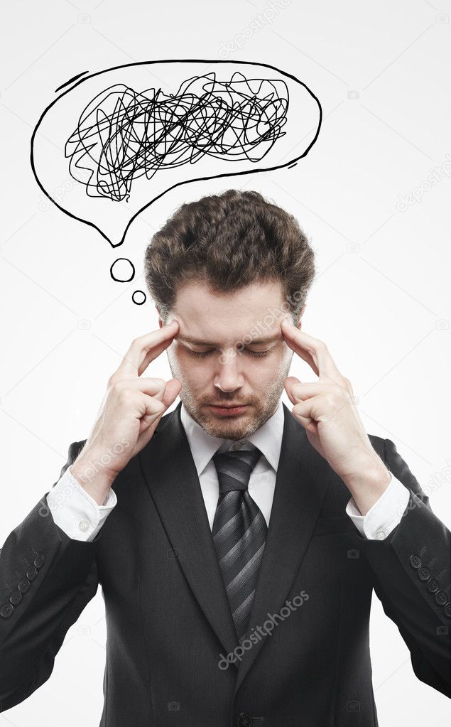 Businessman with confusing tangle of thoughts.