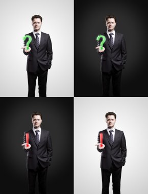 Set of young businessmans with a question and exclamation marks on his hand clipart