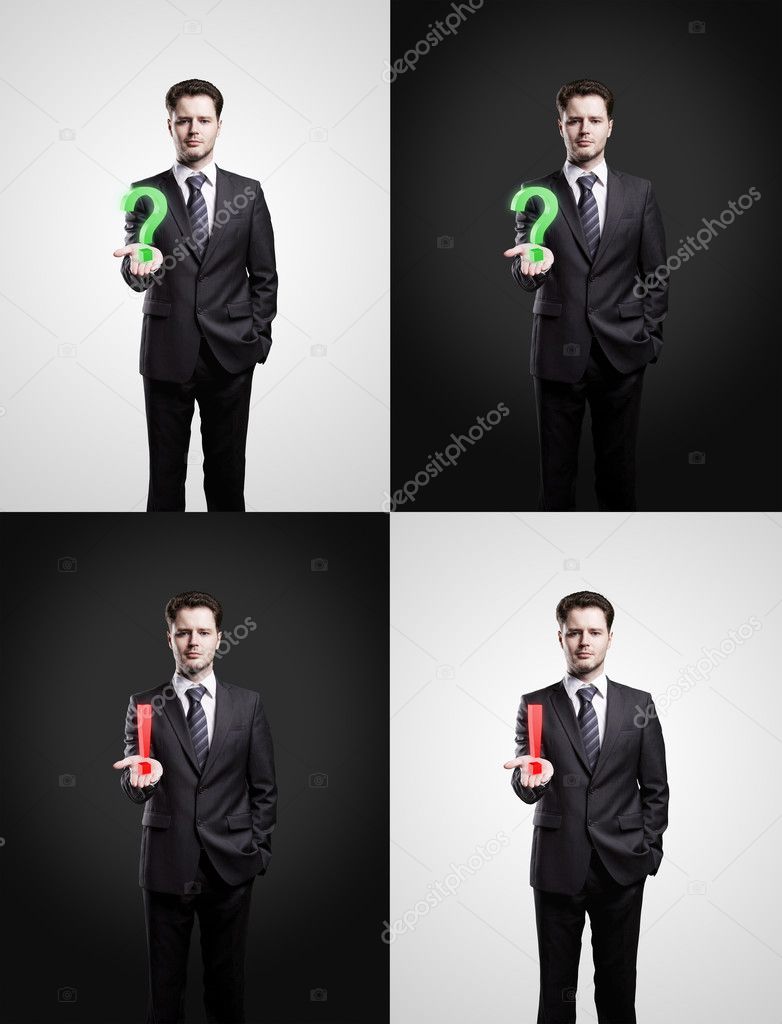 Set of young businessmans with a question and exclamation marks on his hand