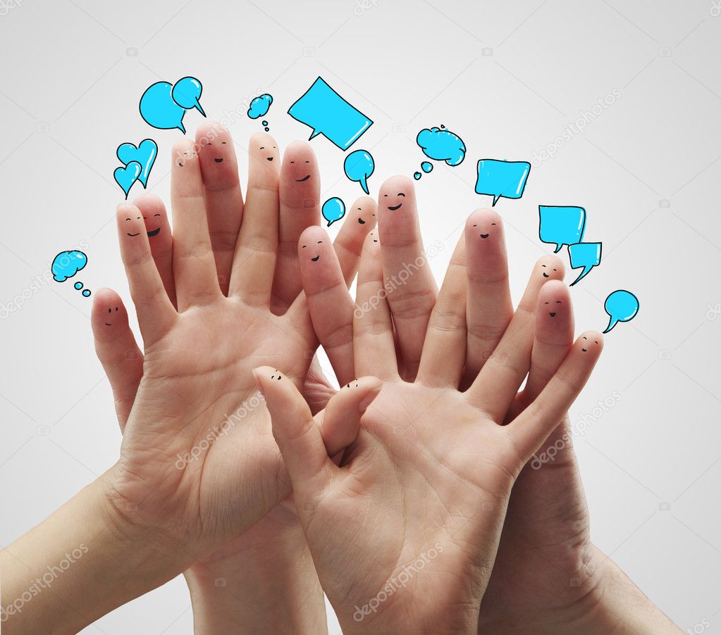 Group of happy finger smileys with social chat sign and speech bubbles