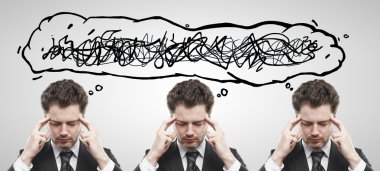 Three businessmen with confusing tangle of thoughts. clipart