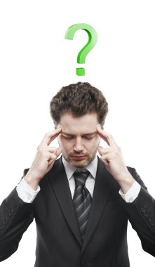 Portrait of a young man with green question mark above his head. clipart