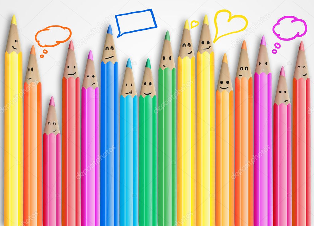 Group of coloured smiling pencils with social chat sign and speech bubbles.