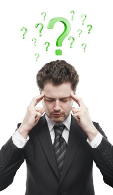 Portrait of a young man with green question marks above his head. clipart