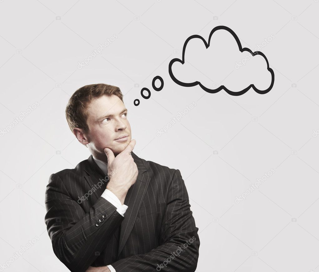 Young businessman with speech bubbles inside