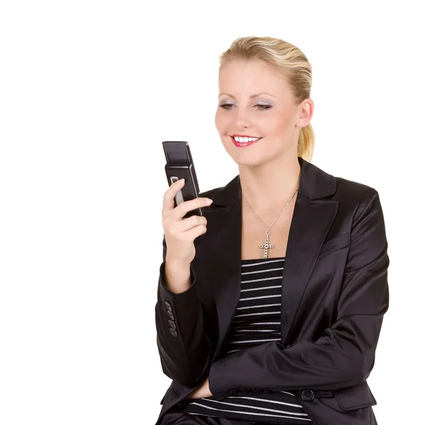 Young happy business woman with mobile phone — Stock Photo, Image