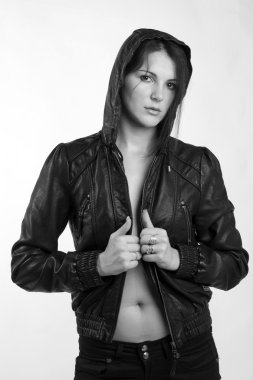Young woman in a leather jacket.
