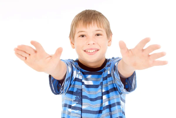 Niño mirando a la cámara con las manos en el aire — Foto de Stock