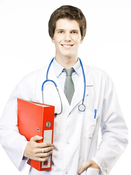 Médico joven aislado en blanco con estetoscopio — Foto de Stock