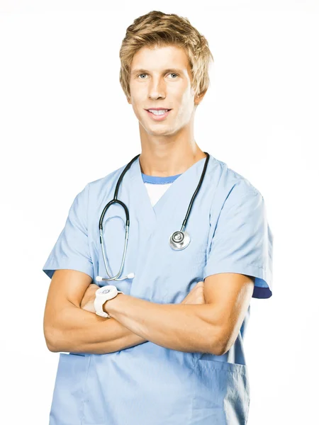 Молодой доктор, изолированный на белом со стетоскопом — стоковое фото