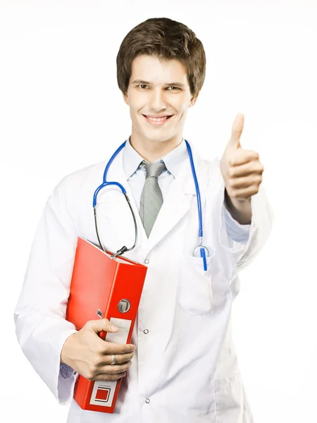 Giovane medico isolato su bianco con uno stetoscopio Foto Stock Royalty Free