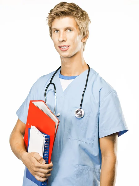 젊은 의사가 청진 기로 흰색 절연 스톡 사진