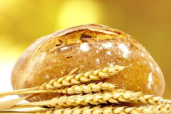 Pão artesanal e picos de trigo fundo — Fotografia de Stock