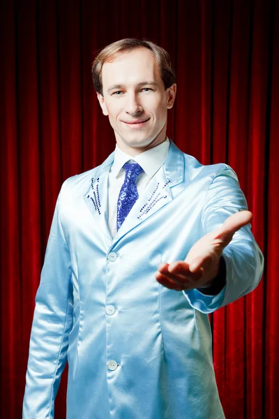 Man presenting with a hand — Stock Photo, Image