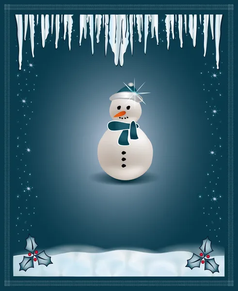 Navidad azul felicitaciones tarjeta muñeco de nieve — Vector de stock