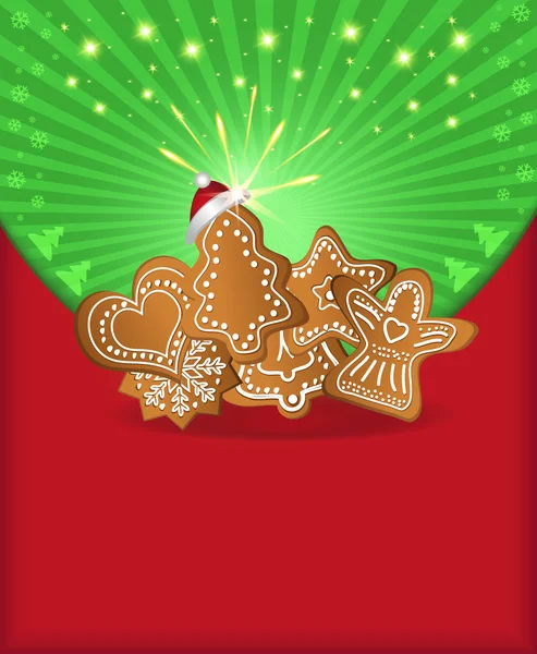 Raster Christmas congratulations red green gingerbread — Stock Photo, Image