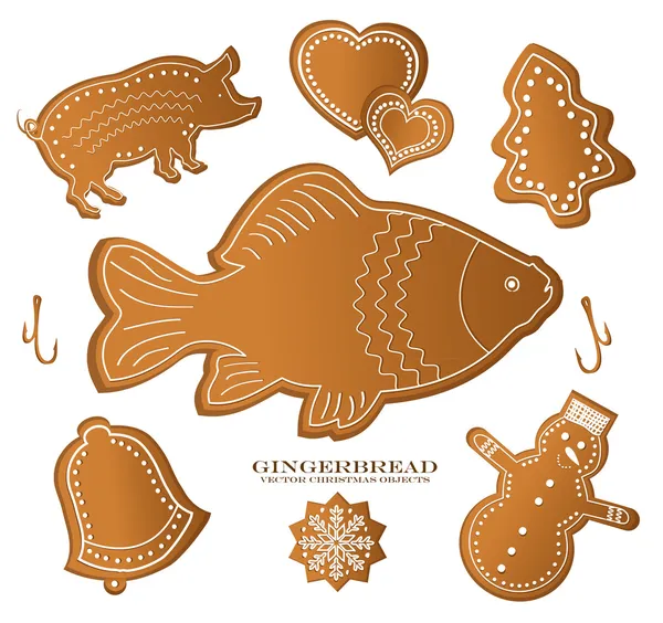 Christmast gingerbread figure fish carp pig — Stock Vector